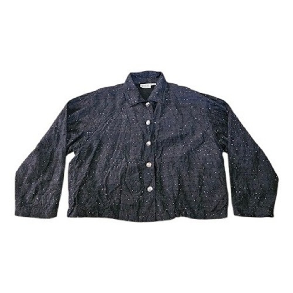 Chico's Vintage Silk Beaded Jacket Women 2 Large Black Boho Button Up Classic